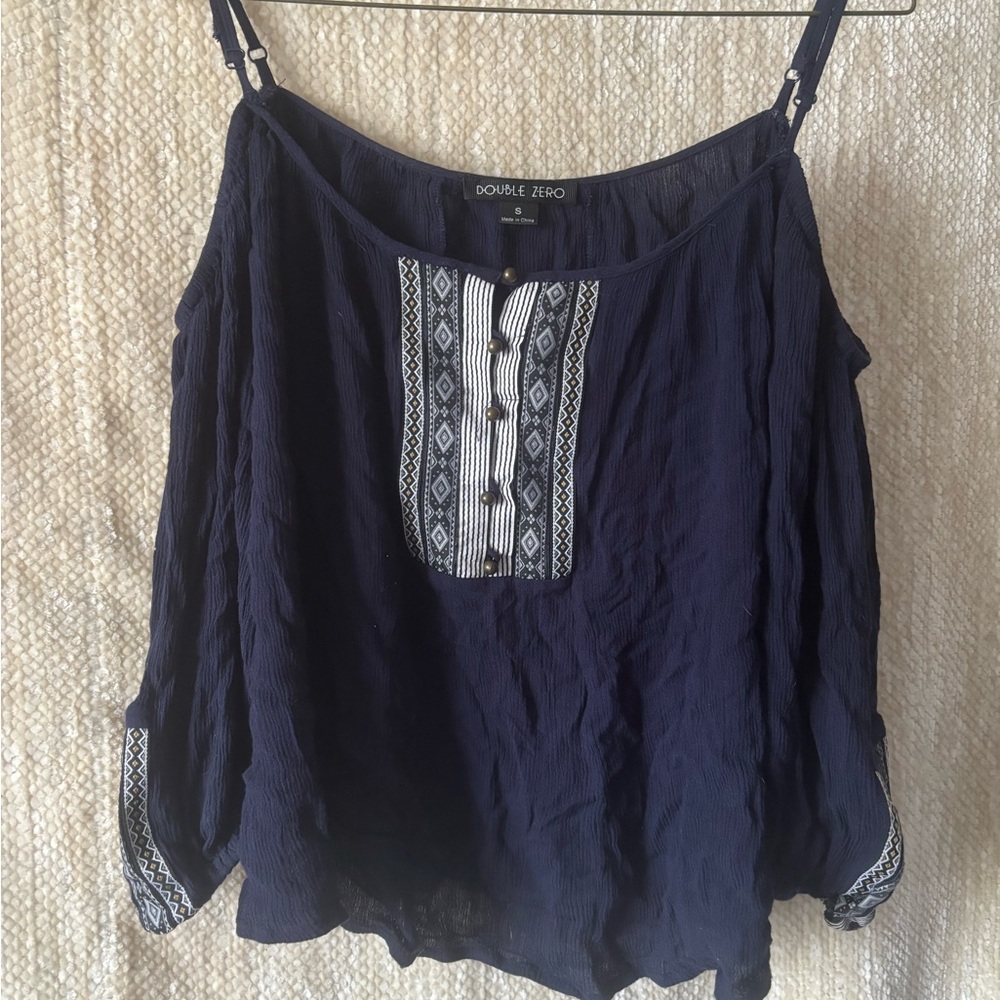 Double Zero Deep Blue Blouse with Patterned Accents